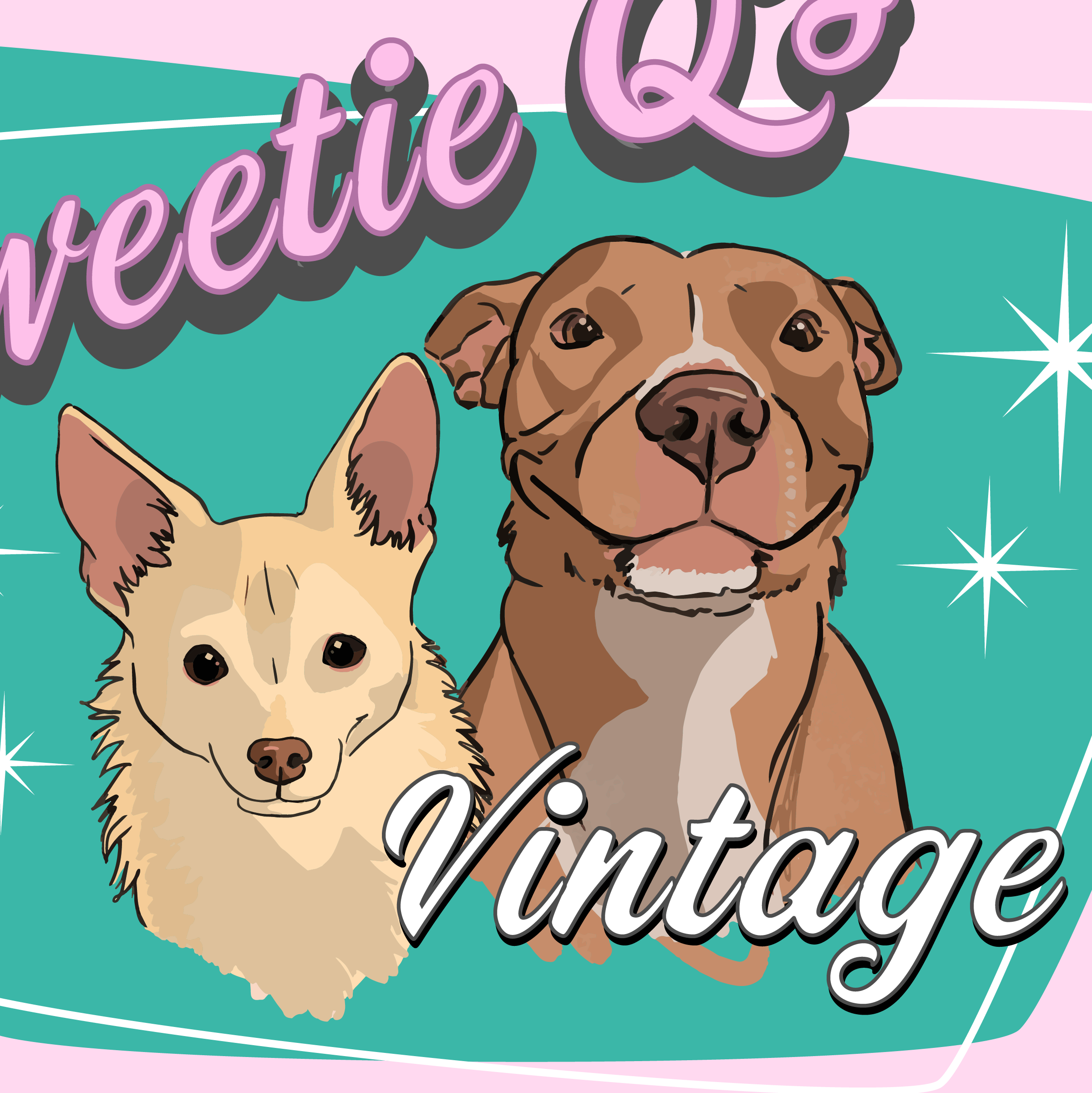 Screenshot of the Sweetie Q's Vintage logo with two dogs in frame: one is a small white chihuahua and the other is a tan bully breed type.